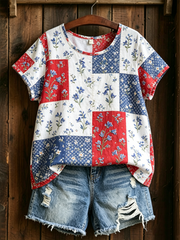 Damen-T-Shirt aus Leinen mit Glockenblumen-Print und kurzen Ärmeln