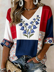 Damen T-Shirt aus Leinen mit Glockenblumen-Print und kurzen Ärmeln