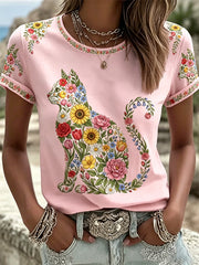 Damen-T-Shirt mit Blumen-Katzen-Print für die Freizeit