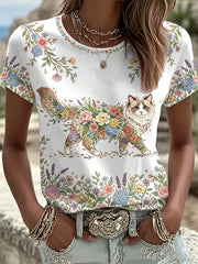Damen T-Shirt mit Blumen- und Katzenprint, lässig
