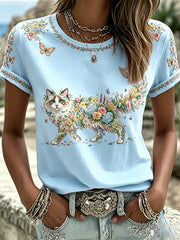 Damen T-Shirt mit Blumen-Katzen-Print