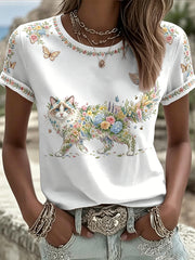 Damen T-Shirt mit Blumen-Katzen-Print