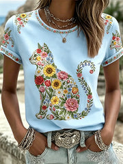 Damen-T-Shirt mit Blumen-Katzen-Print für die Freizeit