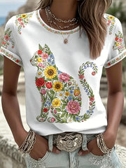 Damen-T-Shirt mit Blumen-Katzen-Print für die Freizeit