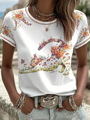 Damen T-Shirt mit Blumen-Katzen-Print für die Freizeit