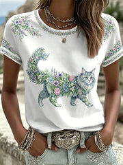 Damen T-Shirt mit Blumen-Katzen-Print, leger