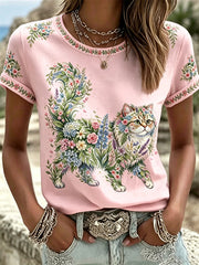 Damen T-Shirt mit Blumen-Katzen-Print im Casual-Look