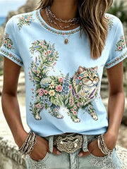 Damen T-Shirt mit Blumen-Katzen-Print im Casual-Look