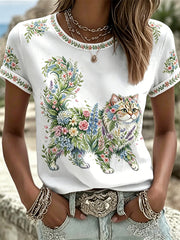 Damen T-Shirt mit Blumen-Katzen-Print im Casual-Look