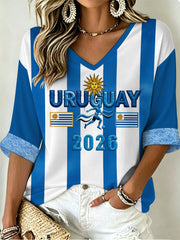 Damen URUGUAY 2026 Fußball T-Shirt mit V-Ausschnitt und halbem Arm