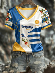 Damen URUGUAY 2026 Fußball V-Ausschnitt Kurzarm Seiden-T-Shirt