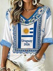 Damen URUGUAY 2026 Fußball T-Shirt mit V-Ausschnitt und halblangen Ärmeln