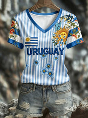 Damen URUGUAY 2026 Fußball V-Ausschnitt Kurzarm Seiden-T-Shirt