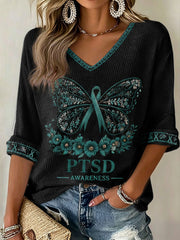 Damen Waffel-T-Shirt mit Veteranen-Aufdruck zur PTSD-Sensibilisierung