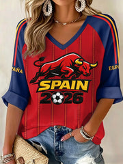 Damen V-Neck Langarm T-Shirt mit Spanien Fußballfans Print