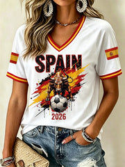 Damen T-Shirt mit V-Ausschnitt und Spanien Fußball Fans Print