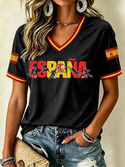 Damen-Geschenk für Spanien-Fußballfans – lässiges T-Shirt mit V-Ausschnitt und Print