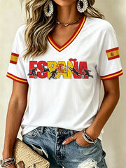 Damen-Geschenk für Spanien-Fußballfans – lässiges T-Shirt mit V-Ausschnitt und Print