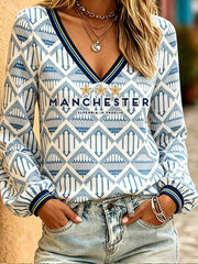 Damen Manchester Football-Liebhaber blau City bedruckte Leinentops
