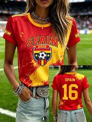 Kurzärmeliges T-Shirt mit spanischem Fußball-Print für Damen