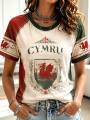 Damen T-Shirt mit walisischem Drachenmuster, kurzärmlig, Freizeit