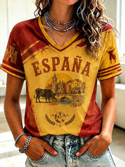 Bedrucktes V-Ausschnitt T-Shirt für Damen – Spanische Fußballnationalmannschaft