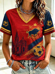 Spanisches Damen-T-Shirt mit V-Ausschnitt – Motiv Fußball