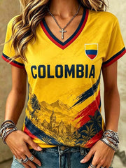 Kolumbianisches Damen-Fußball-T-Shirt mit lässigem Print und kurzen Ärmeln