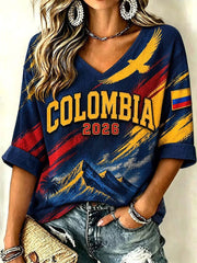 Damen T-Shirt im Waffelpiqué-Stil für Freizeitlook, inspiriert vom kolumbianischen Fußball