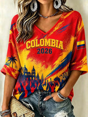 Damen T-Shirt mit Waffelmuster, lässiger Stil, kolumbianischer Fußball