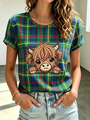Damen Highland Denim Plaid Print T-Shirt