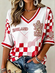 Damen UK Fußball-Liebhaber England bedrucktes, halblanges V-Ausschnitt T-Shirt