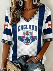Damen UK Fußball-Liebhaber England bedrucktes, halblanges V-Ausschnitt T-Shirt