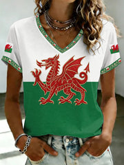 Damen T-Shirt mit walisischem Drachenmotiv und V-Ausschnitt