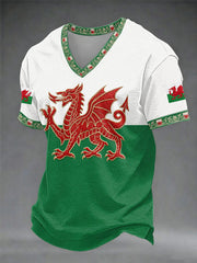 Herren-V-Ausschnitt-T-Shirt mit walisischem Drachen
