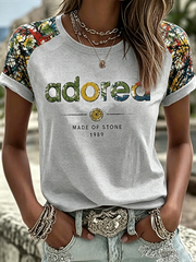 Damen T-Shirt mit Zitronenrosen und Musikliebhaber-Aufdruck, Rundhals, Kurzarm