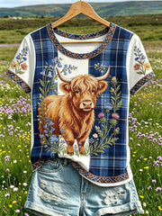 Damen-T-Shirt aus Highland-Denim mit Karodruck