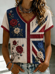Britischer Stil Damen Pflanzen- und Blumen-Print V-Ausschnitt Freizeit-T-Shirt