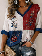 Damen T-Shirt im britischen Stil mit Pflanzen- und Blumenmuster, Freizeit-T-Shirt