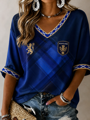 Damen T-Shirt mit V-Ausschnitt, mittellangen Ärmeln und Schottland-Print