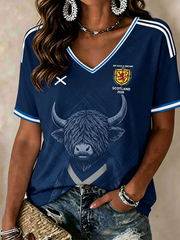 Damen T-Shirt mit Schottland-Aufdruck, V-Ausschnitt, schulterfrei, kurzärmelig