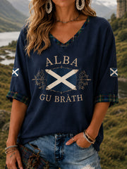 Damen Alba gu bràth Tartan-Print Freizeit Halbarm V-Ausschnitt T-Shirt
