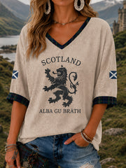 Damen Alba gu bràth Tartan-Print Freizeit Halbarm V-Ausschnitt T-Shirt