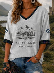 Damen Alba gu bràth Tartan-Print Freizeit Halbarm V-Ausschnitt T-Shirt