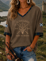 Damen Alba gu bràth Tartan-Print Freizeit-V-Ausschnitt T-Shirt mit halben Ärmeln