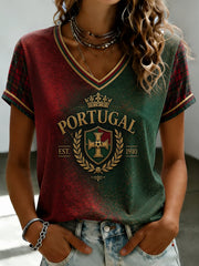 Portugiesisches Fußball-T-Shirt für Damen mit V-Ausschnitt und Aufdruck