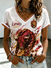 Damen T-Shirt mit V-Ausschnitt und spanischem Fußball-Print