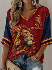 Damen ESPAÑA Fußball T-Shirt mit mittellangen Ärmeln und V-Ausschnitt