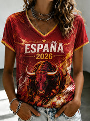 Spanische Fußball-V-Ausschnitt T-Shirt für Damen mit Aufdruck
