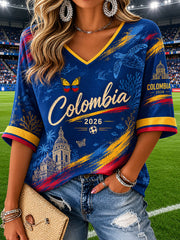 Damen bedrucktes Waffel-T-Shirt im lässigen kolumbianischen Fußball-Stil